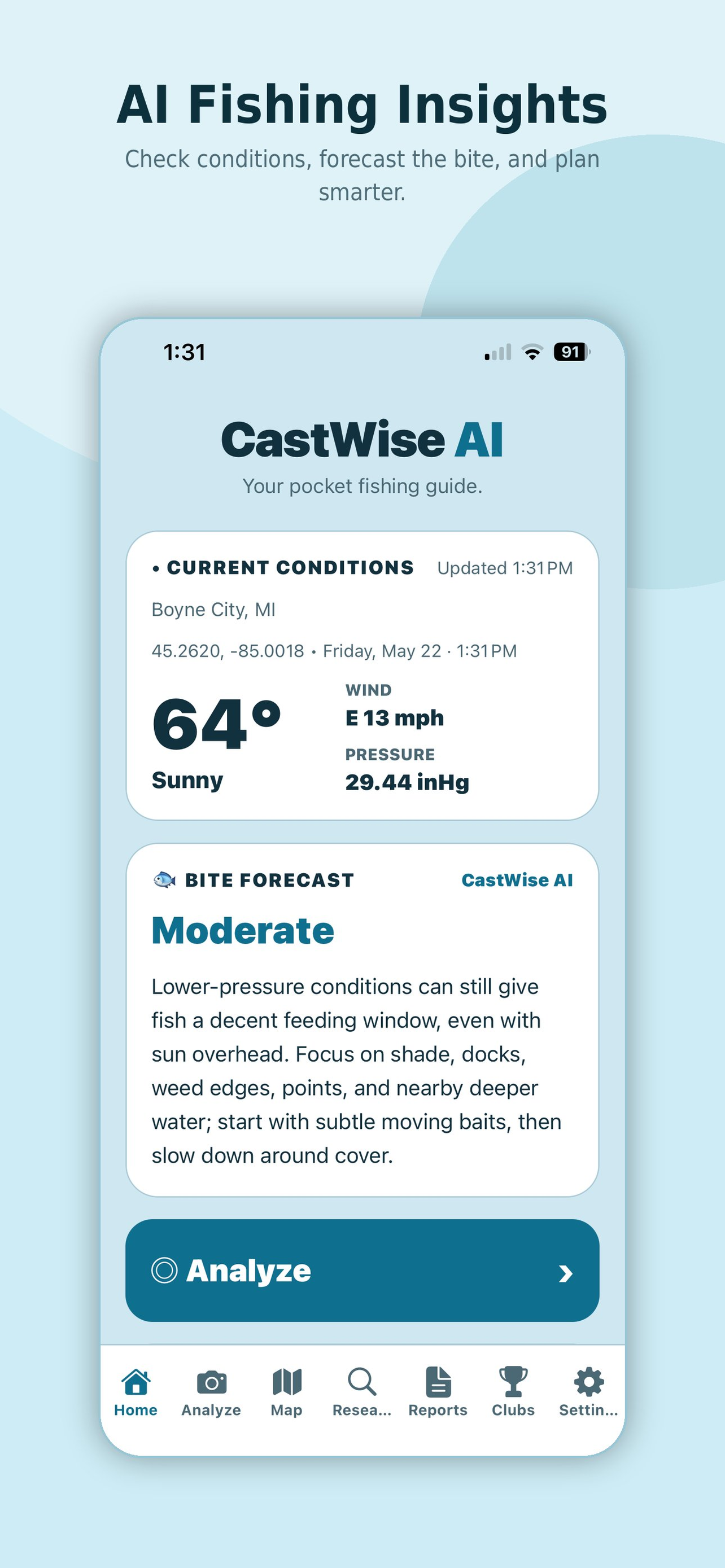 CastWise AI fishing insights screen