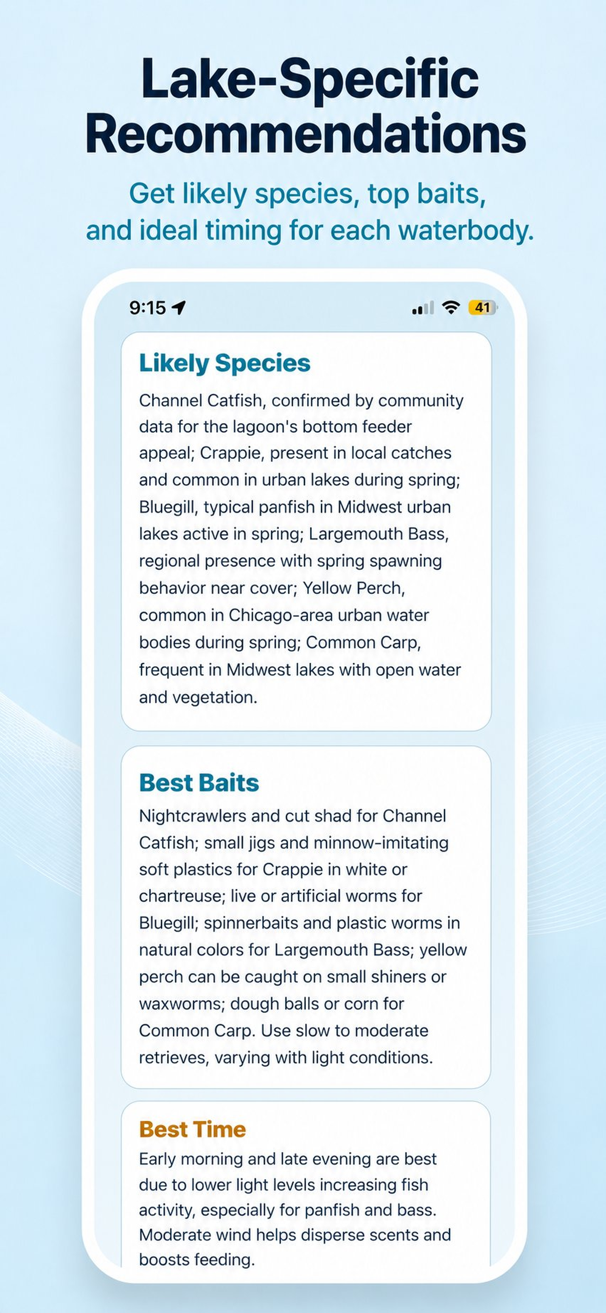 CastWise lake-specific recommendations screen