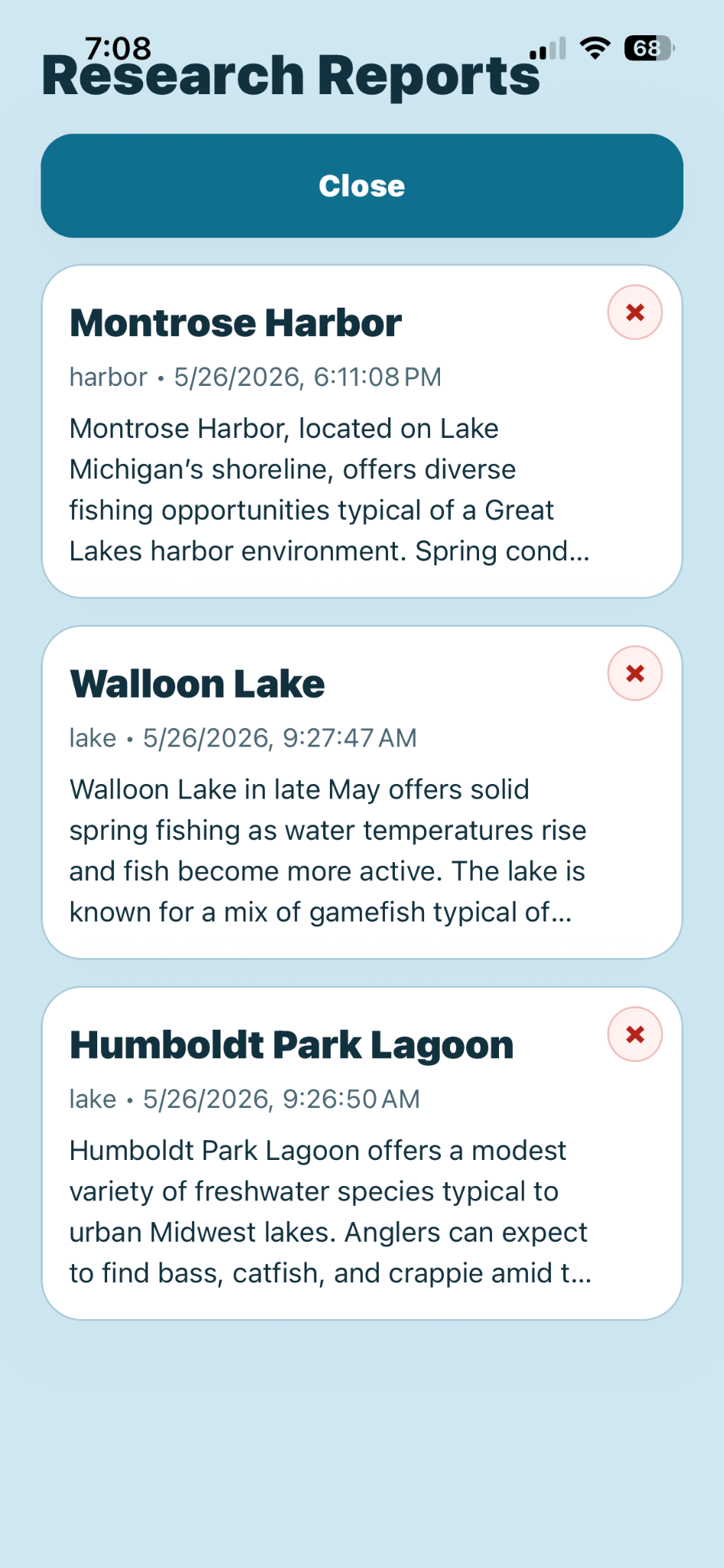 CastWise saved reports screen