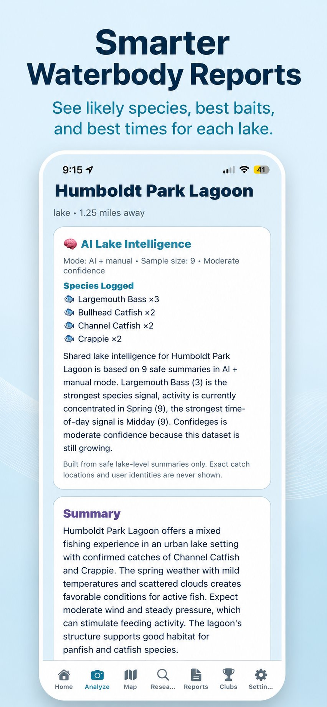 CastWise smarter waterbody reports screen